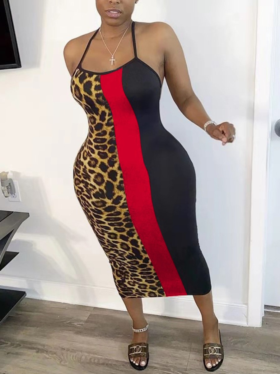

Lovely Plus Size Street Leopard Print Backless Red Mid Calf Dress