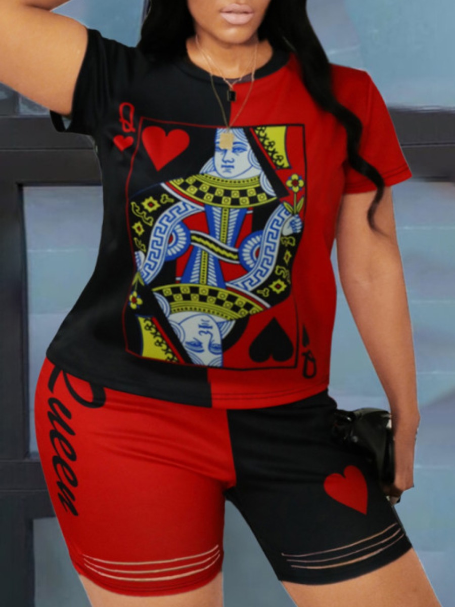 

Lovely Plus Size Street Poker Letter Print Black Two-piece Shorts Set