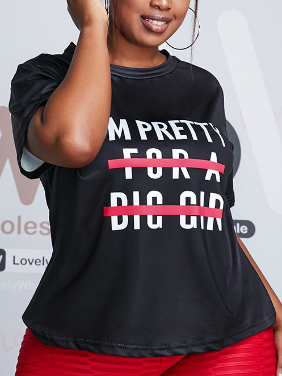 

Lovely Plus Size Street O Neck Letter Print Black T-shirt