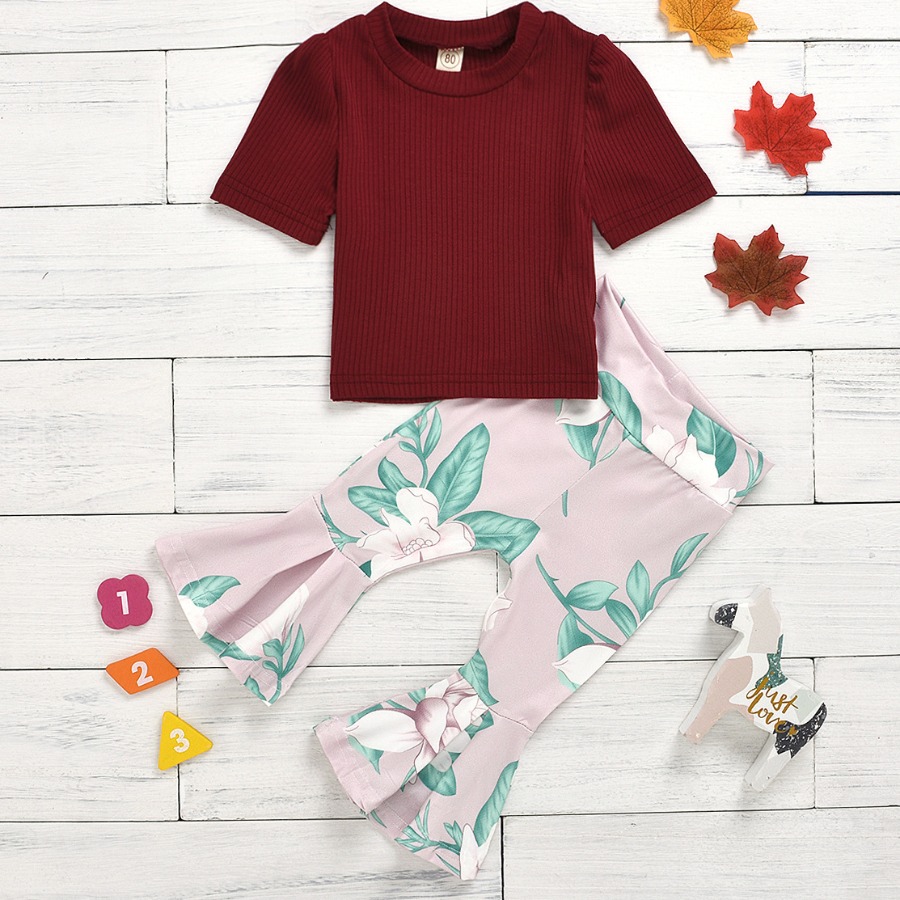 

Lovely Girl Casual Floral Print Flared Wine Red Two Piece Pants Set