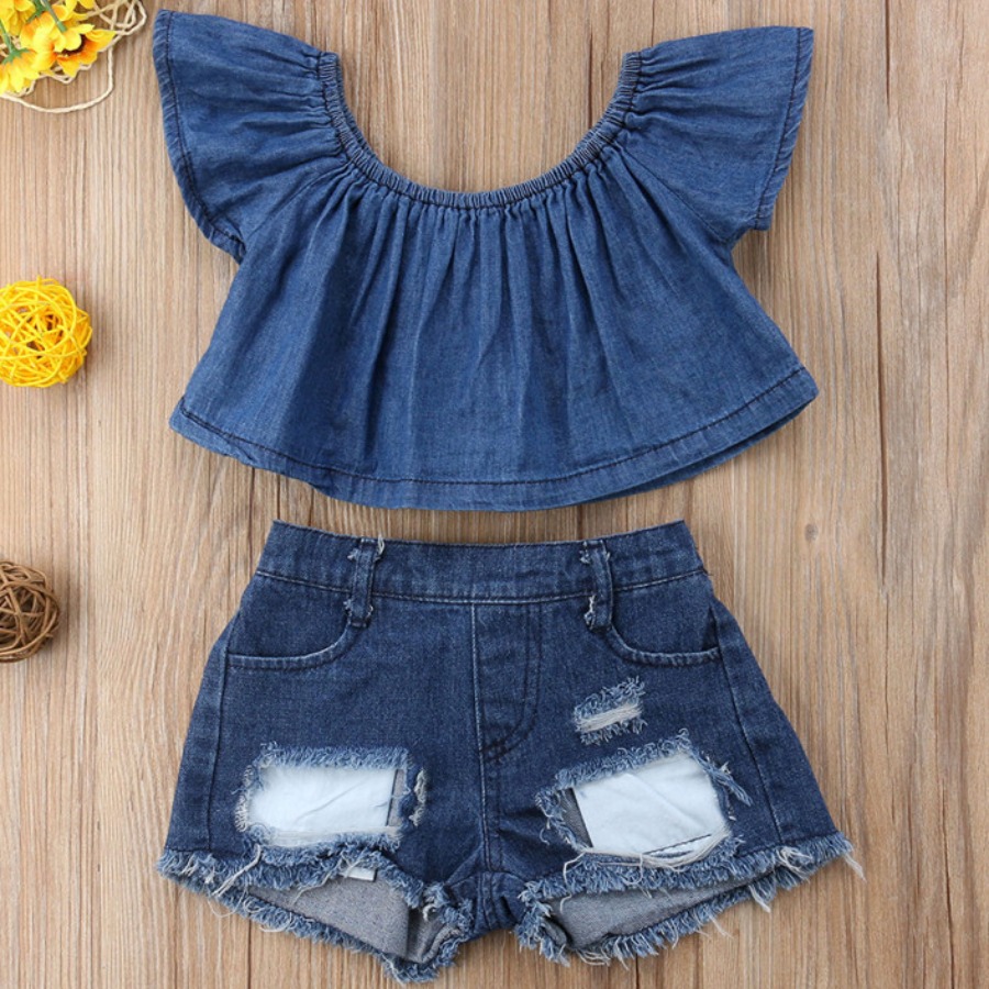 

Lovely Girl Casual Flounce Design Ripped Blue Two Piece Shorts Set