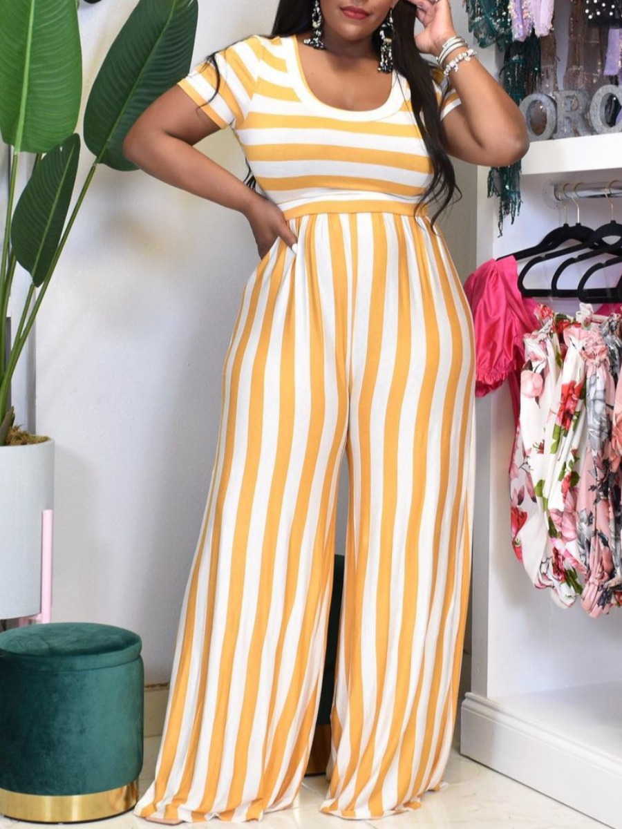 

Lovely Plus Size Casual O Neck Striped Yellow Two-piece Pants Set