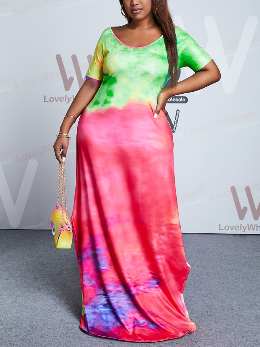 

Lovely Plus Size Boho Tie-dye Split Green Floor Length Dress