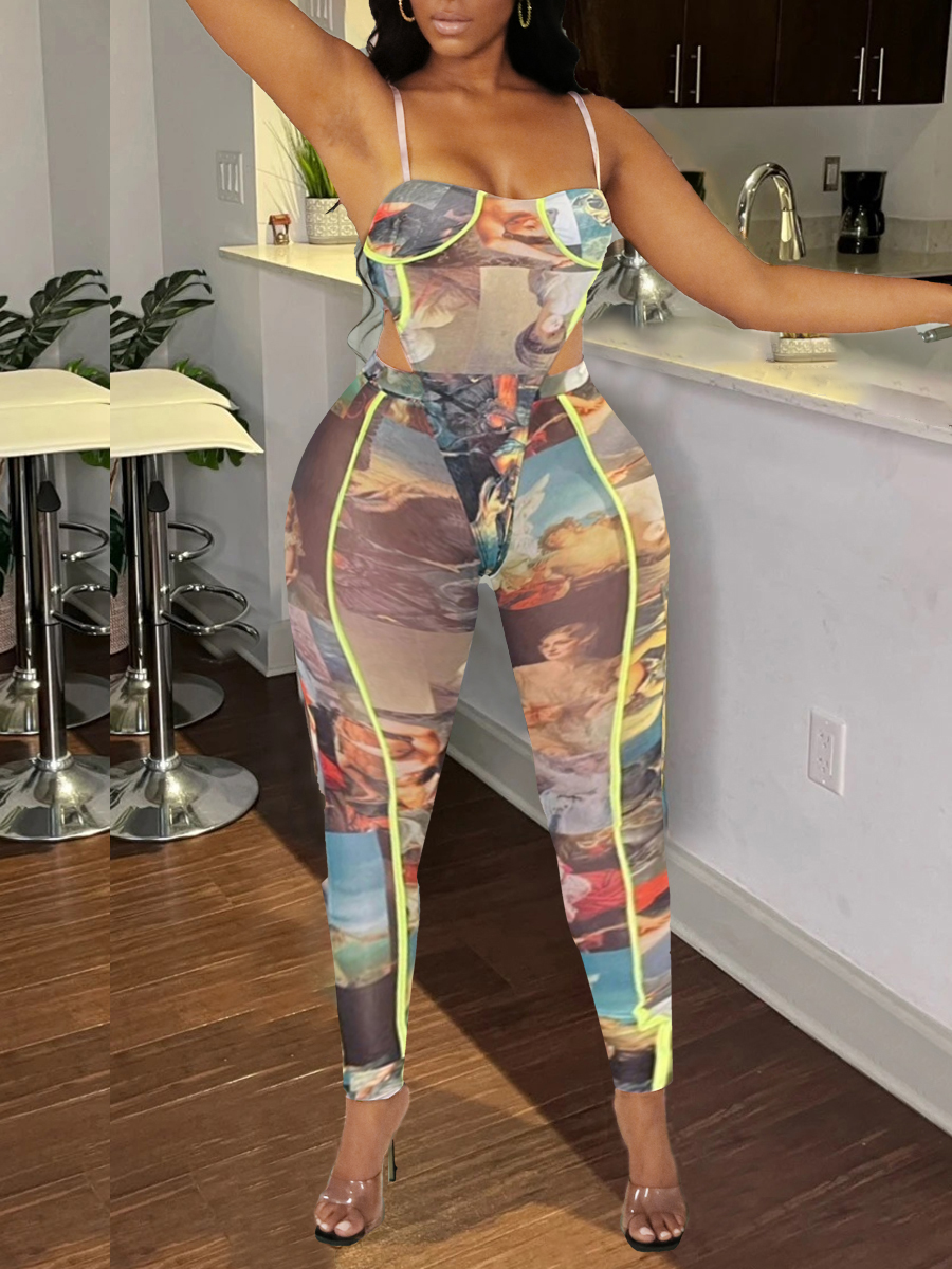 

Lovely Sexy Angel Print Hollow-out Multicolor Two Piece Pants Set, Multi