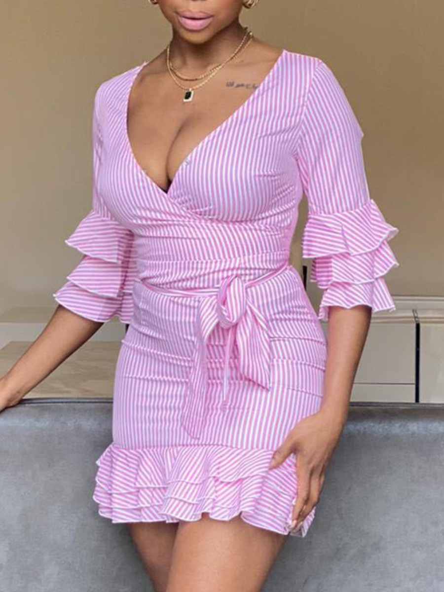 

Lovely Sweet Striped Bandage Flounce Design Pink Mini Dress