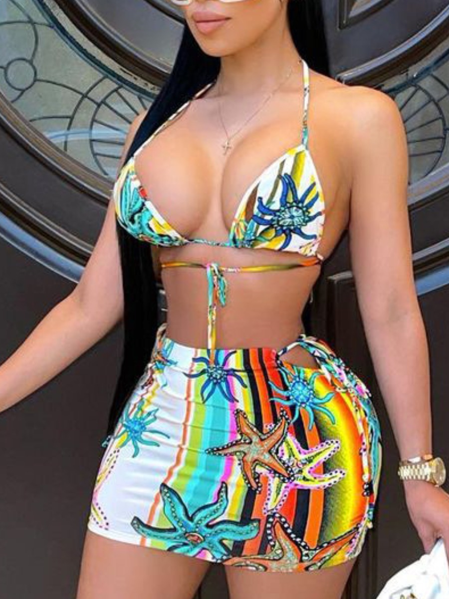 

Lovely Boho Sea Animal Print Bandage Design Multicolor Three-piece Swimsuit, Multi