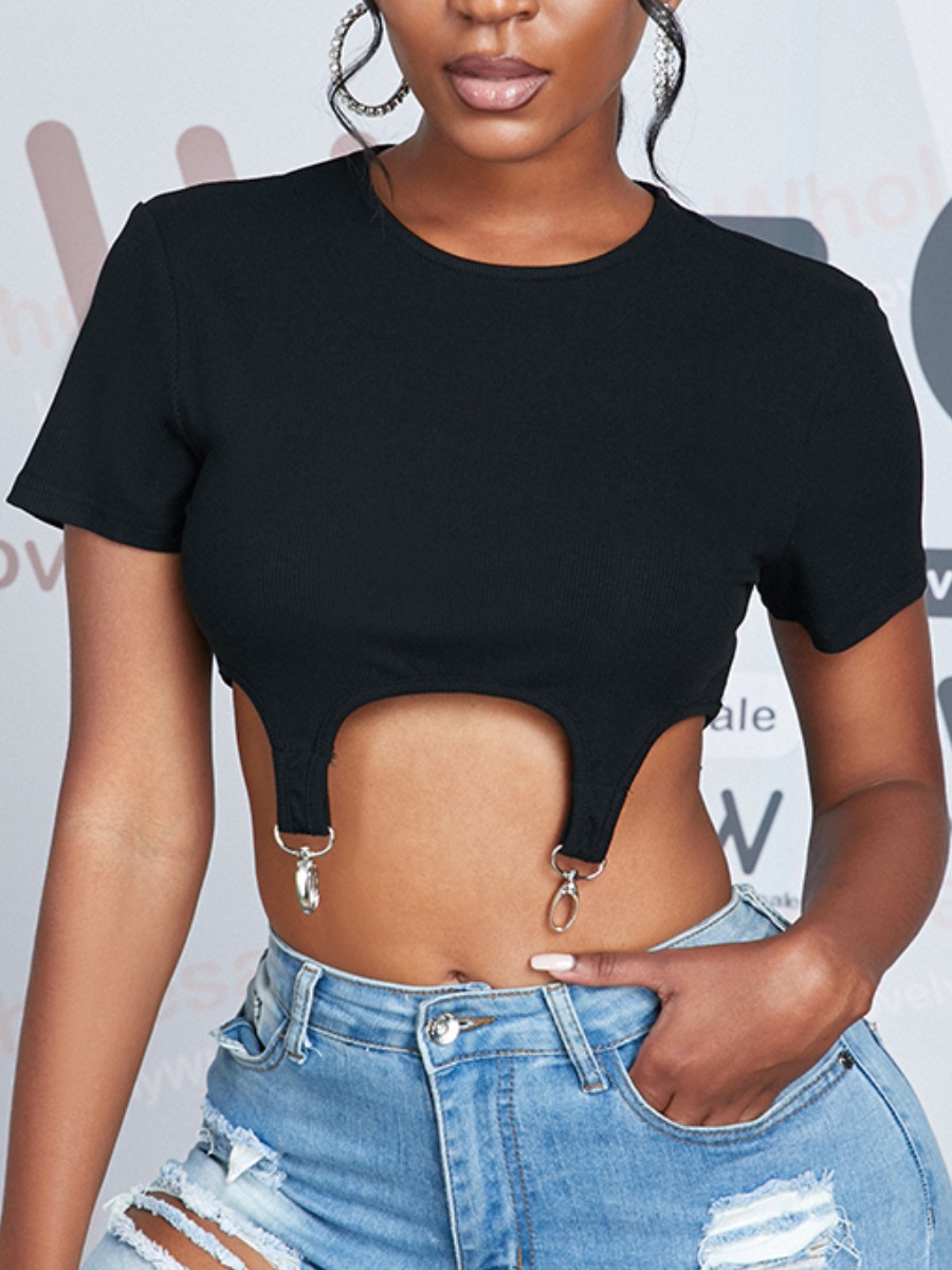 

Lovely Sweet Metal Accessories Decoration Asymmetrical Black T-shirt