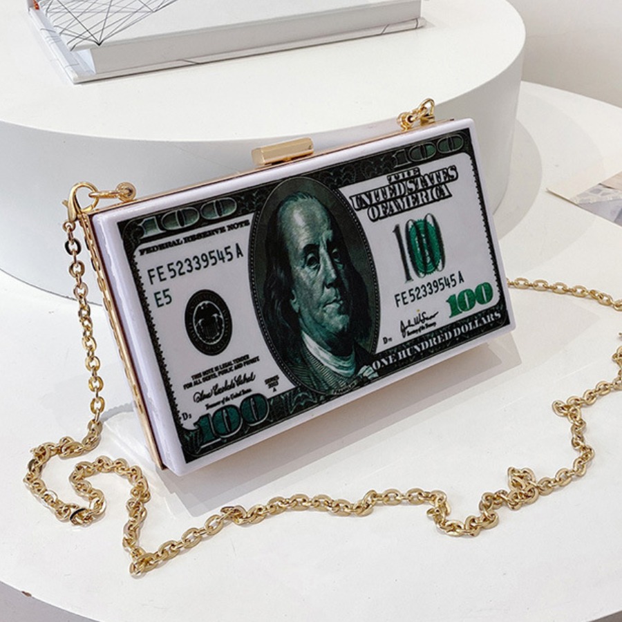 

Lovely Street Money Print Chain Strap White Crossbody Bags