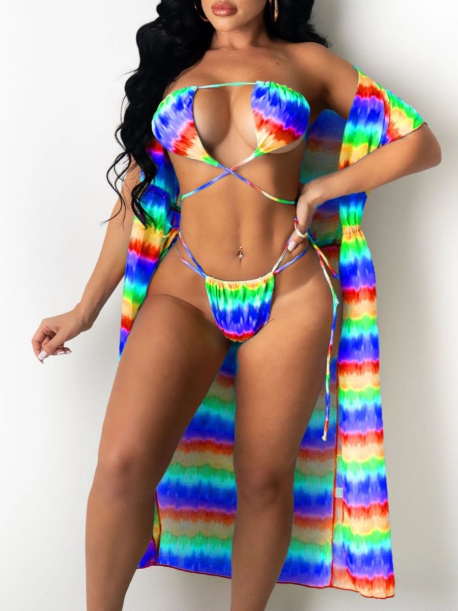 

Lovely Boho Tie-dye Bandage Design Blue Three-piece Swimsuit