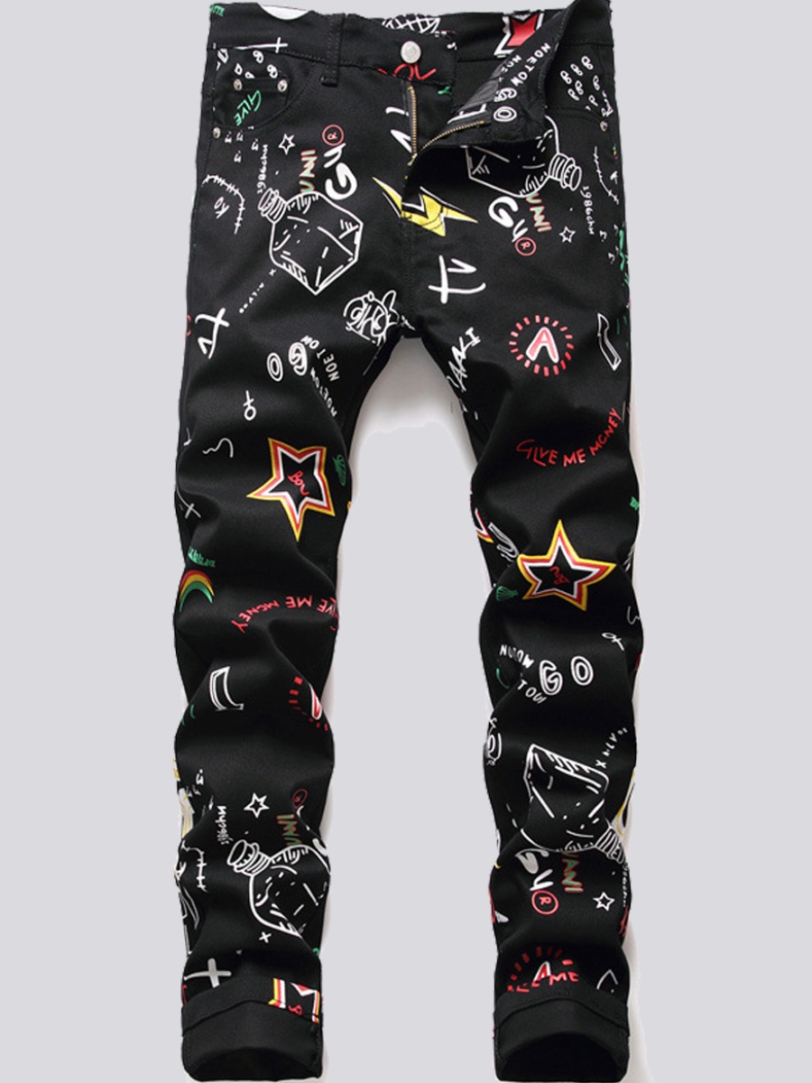 

Lovely Men Street Graffiti Star Print Black Jeans