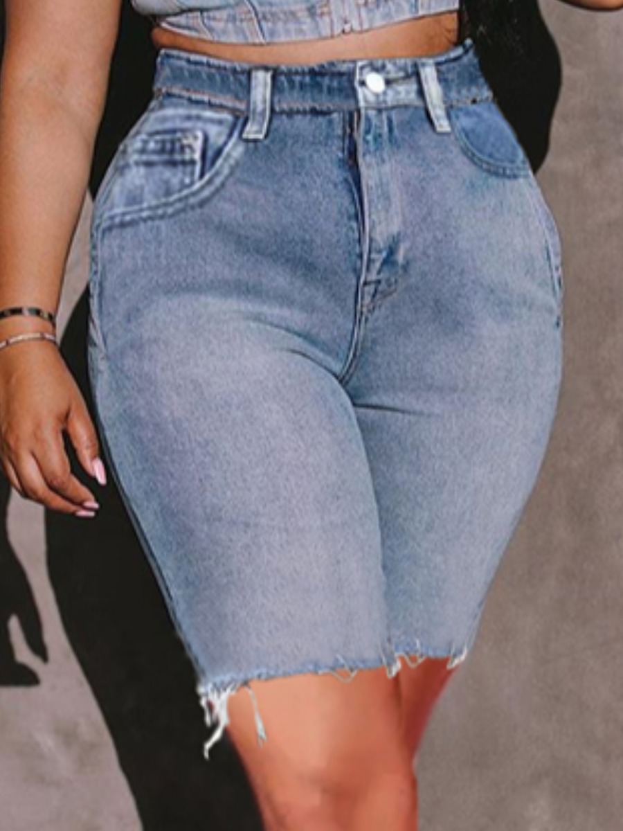 

LW Casual High-waisted Raw Edge Blue Denim Shorts