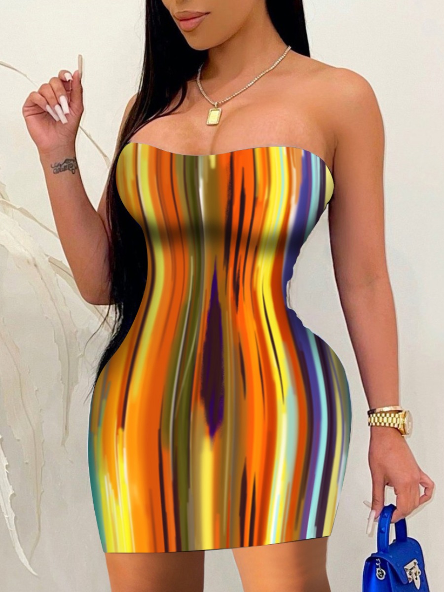 

Lovely Sexy Off The Shoulder Striped Multicolor Mini Dress, Multi