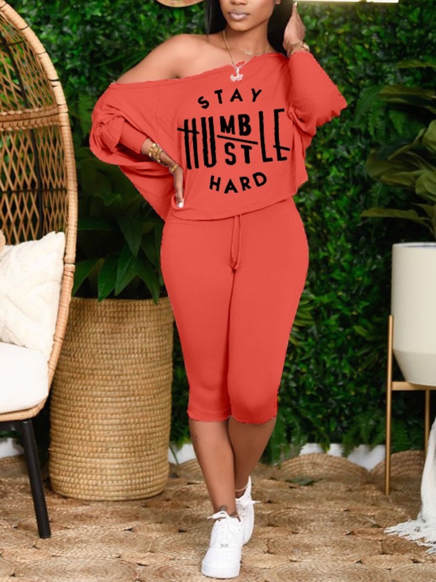LW Casual Batwing Sleeve Letter Print Croci Two Piece Shorts Set