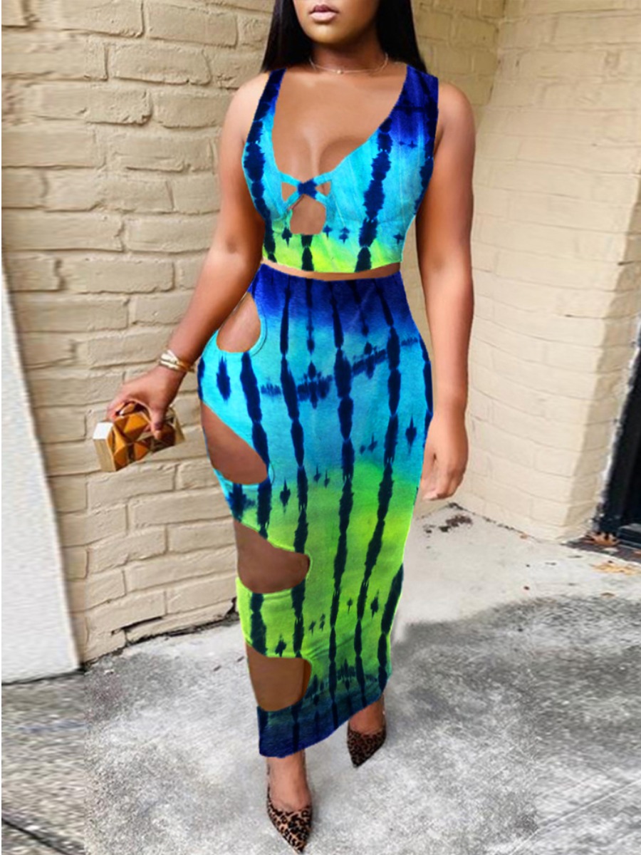 

LW Street Tie-dye Hollow-out Blue Ankle Length Dress
