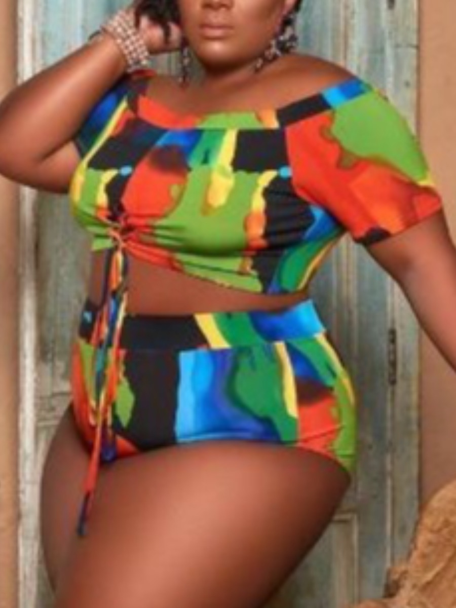 

Lovely Plus Size Boho Print Patchwork Multicolor Tankini, Multi