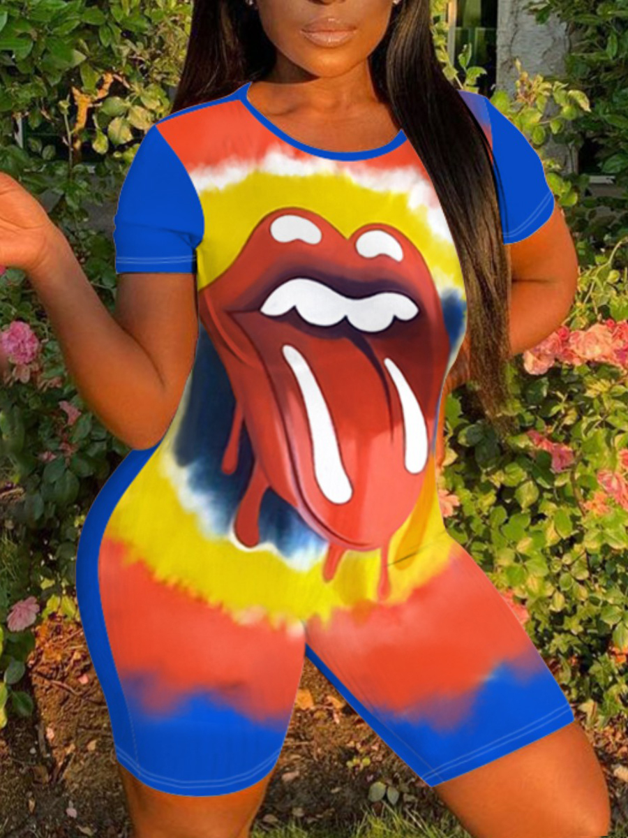 

Lovely Plus Size Street Lip Print Tie-dye Blue Two-piece Shorts Set