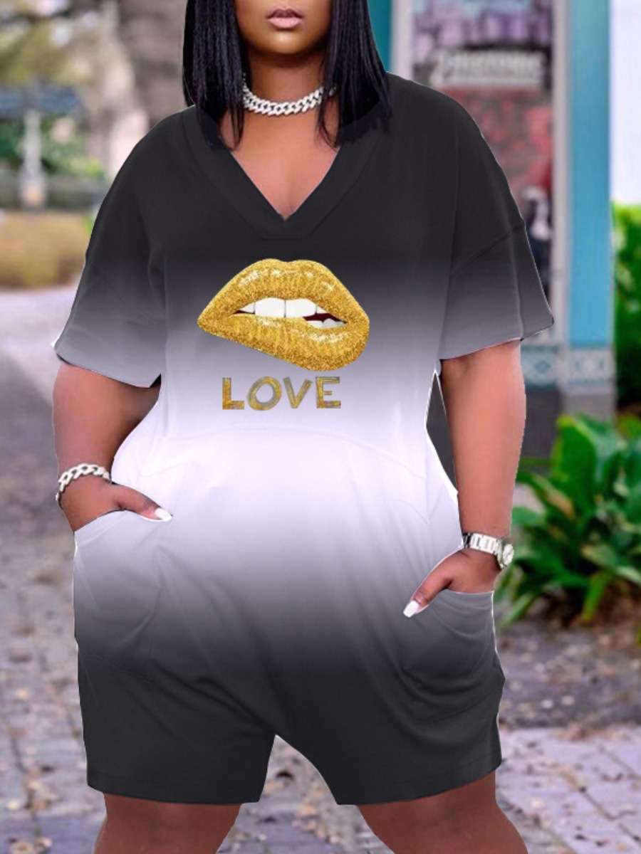 

Lovely Plus Size Street Gradient Lip Letter Print Black One-piece Romper