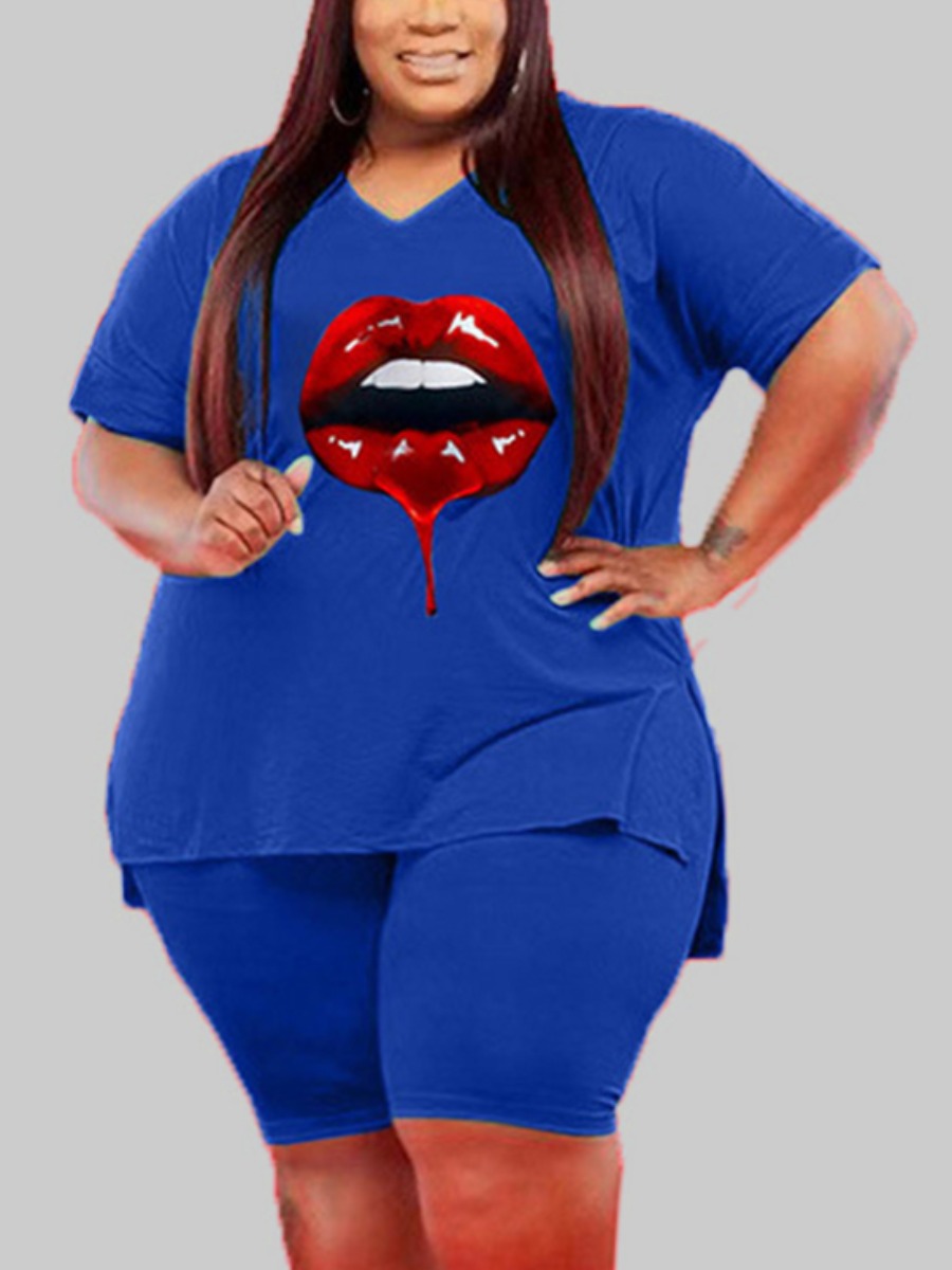 

Lovely Plus Size Street Lip Print Split Blue Two-piece Shorts Set