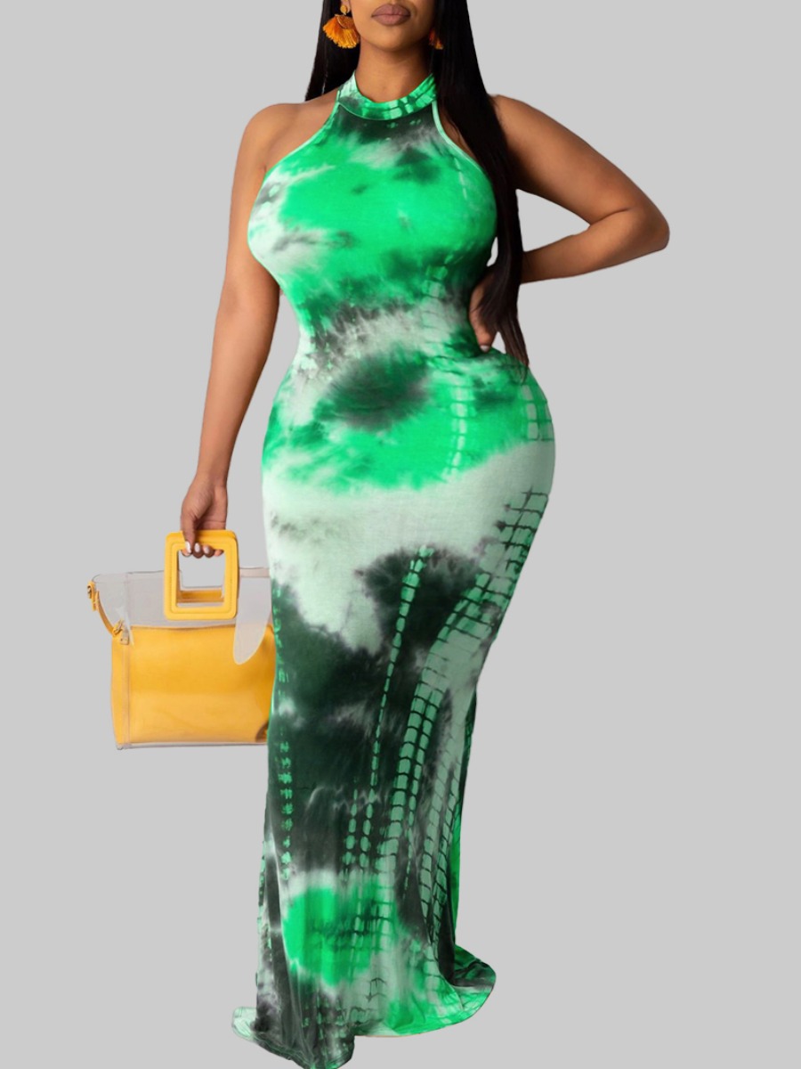 

Lovely Plus Size Boho Tie-dye Hollow-out Green Floor Length Dress