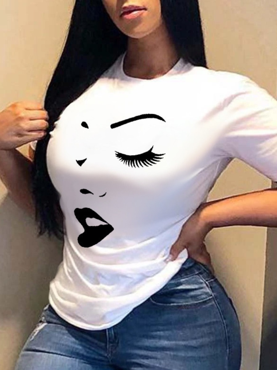 

LW Plus Size Casual O Neck Face Print Black T-shirt