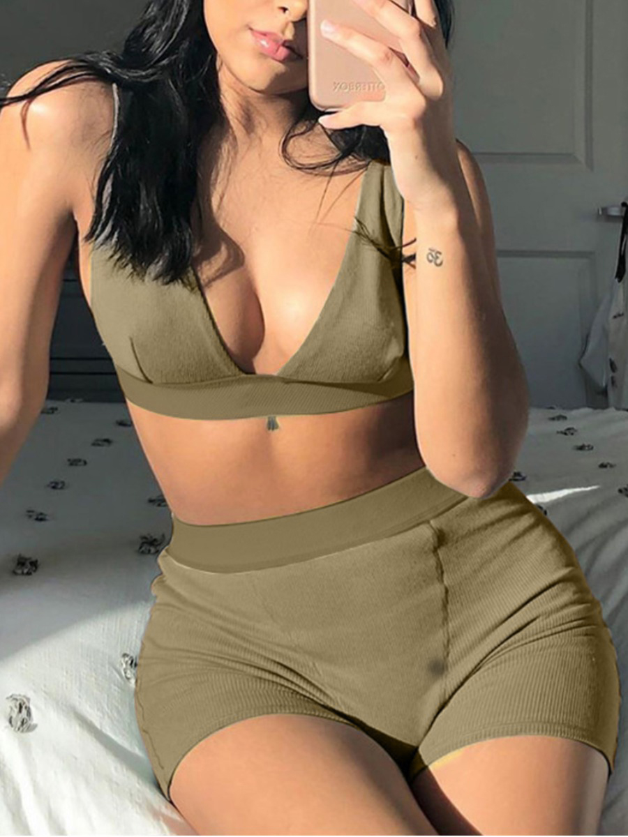 

LW Plus Size Sporty V Neck Elastic Coffee Two-piece Shorts Set