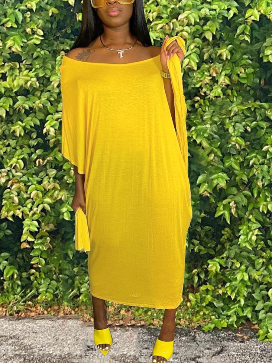 

LW Casual Boat Neck Bandage Design Yellow Ankle Length Dress