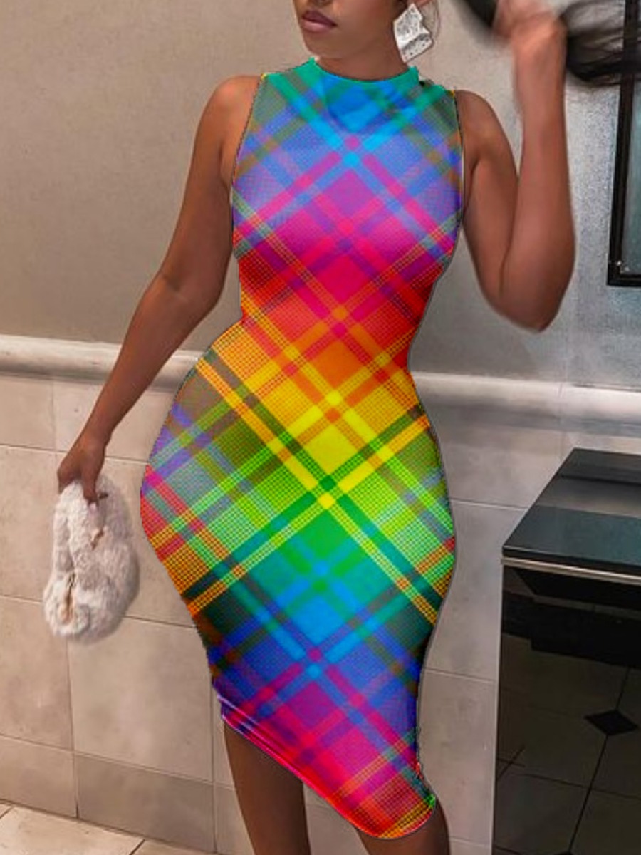 

Lovely Street Gradient Plaid Print Multicolor Knee Length Dress, Multi