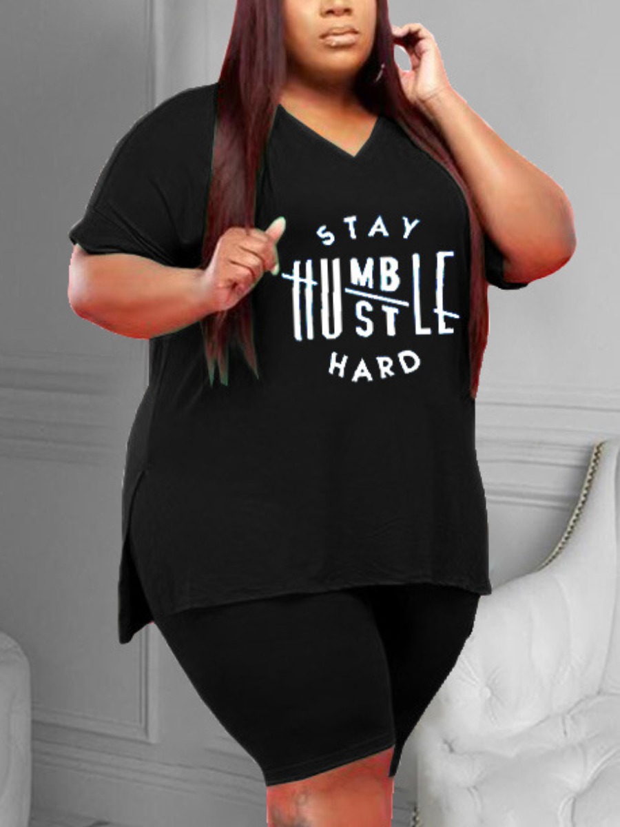 

Lovely Plus Size Casual Letter Print Split Black Two-piece Shorts Set