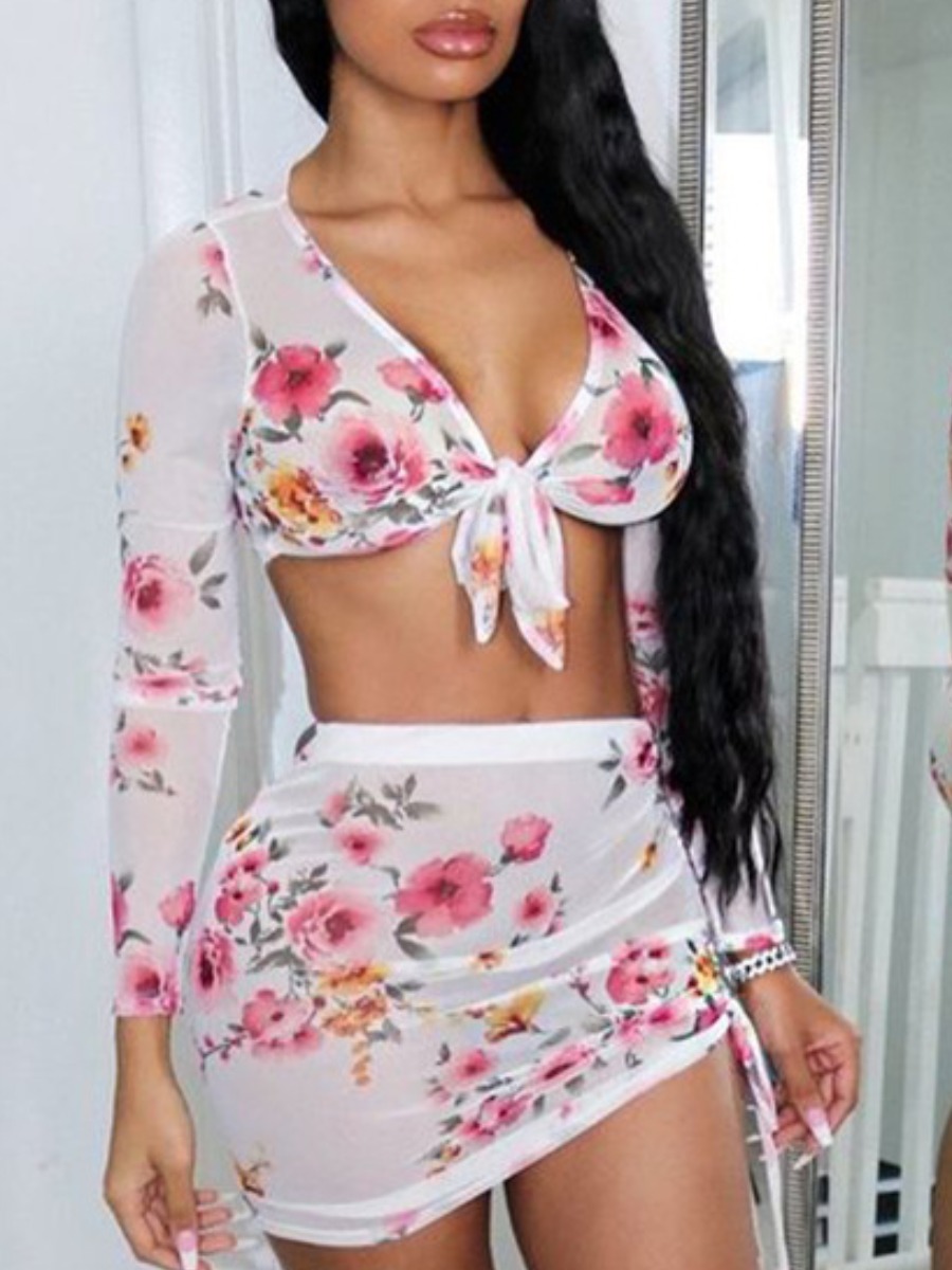 

Lovely Sexy Floral Print Drawstring White Two Piece Skirt Set