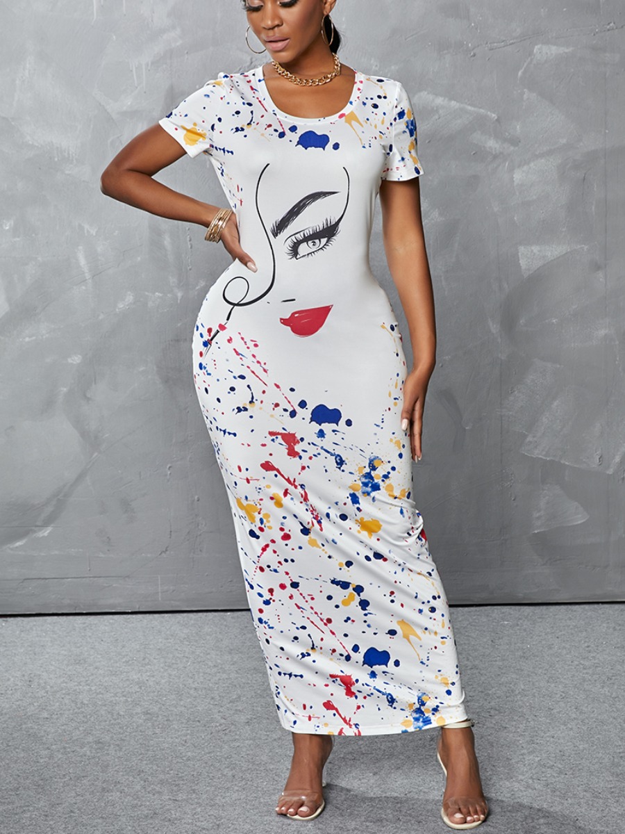 

Lovely Casual O Neck Splash Ink Print White Mid Calf Dress