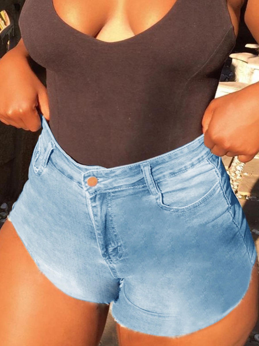 

LW BASICS Casual High-waisted Raw Edge Baby Blue Denim Shorts