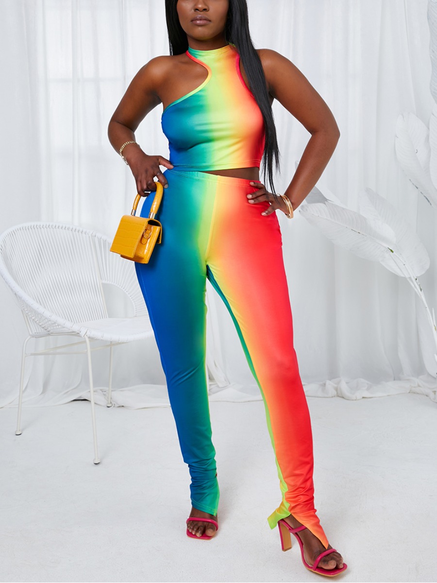 

LW Sweet One Shoulder Gradient Multicolor Two Piece Pants Set, Multi