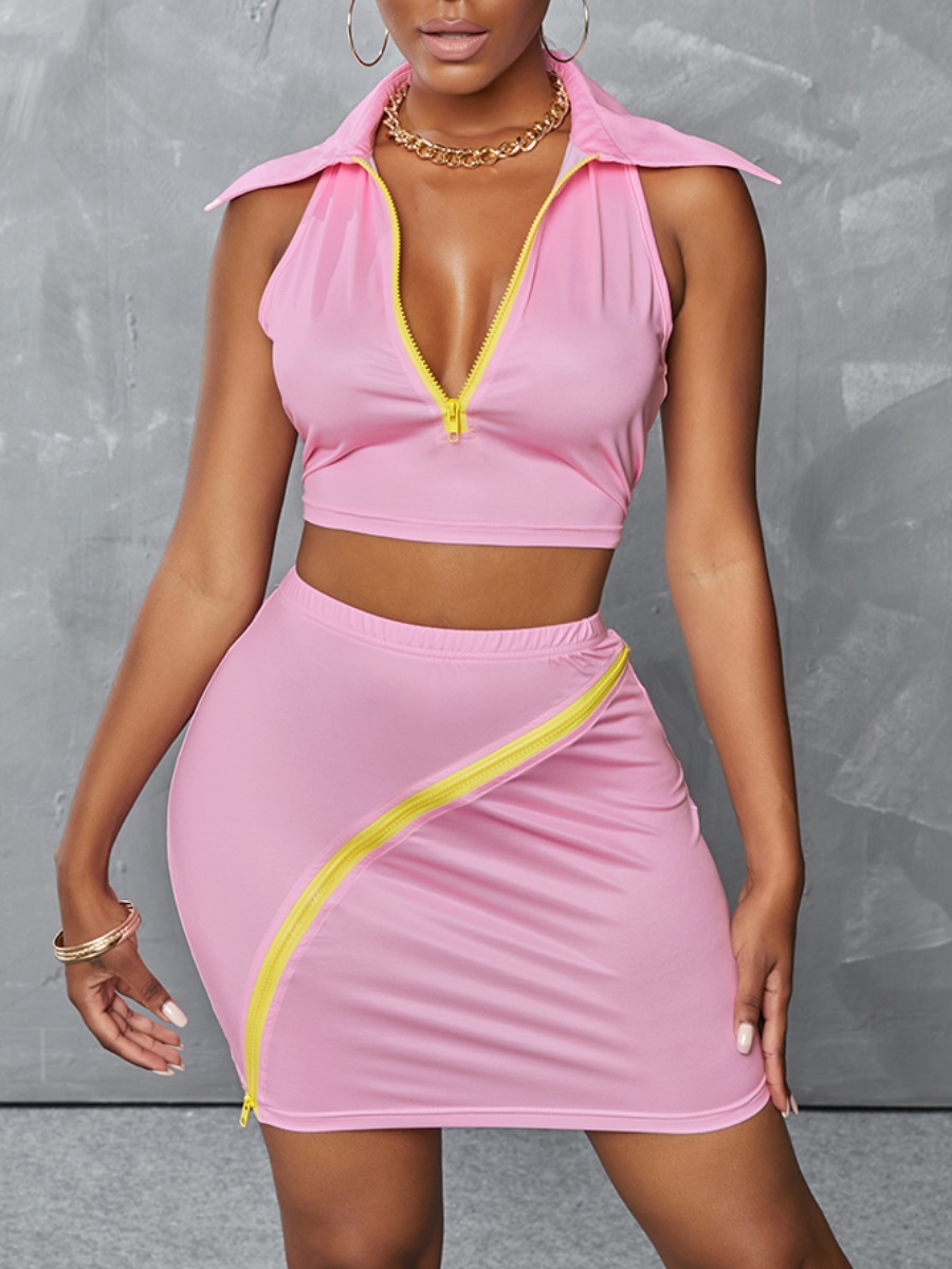 

Lovely Casual Turndown Collar Zipper Design Pink Two Piece Skirt Set