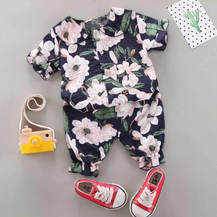 

Lovely Girl Sweet Floral Print Ruffle Design Dark Blue Two Piece Pants Set