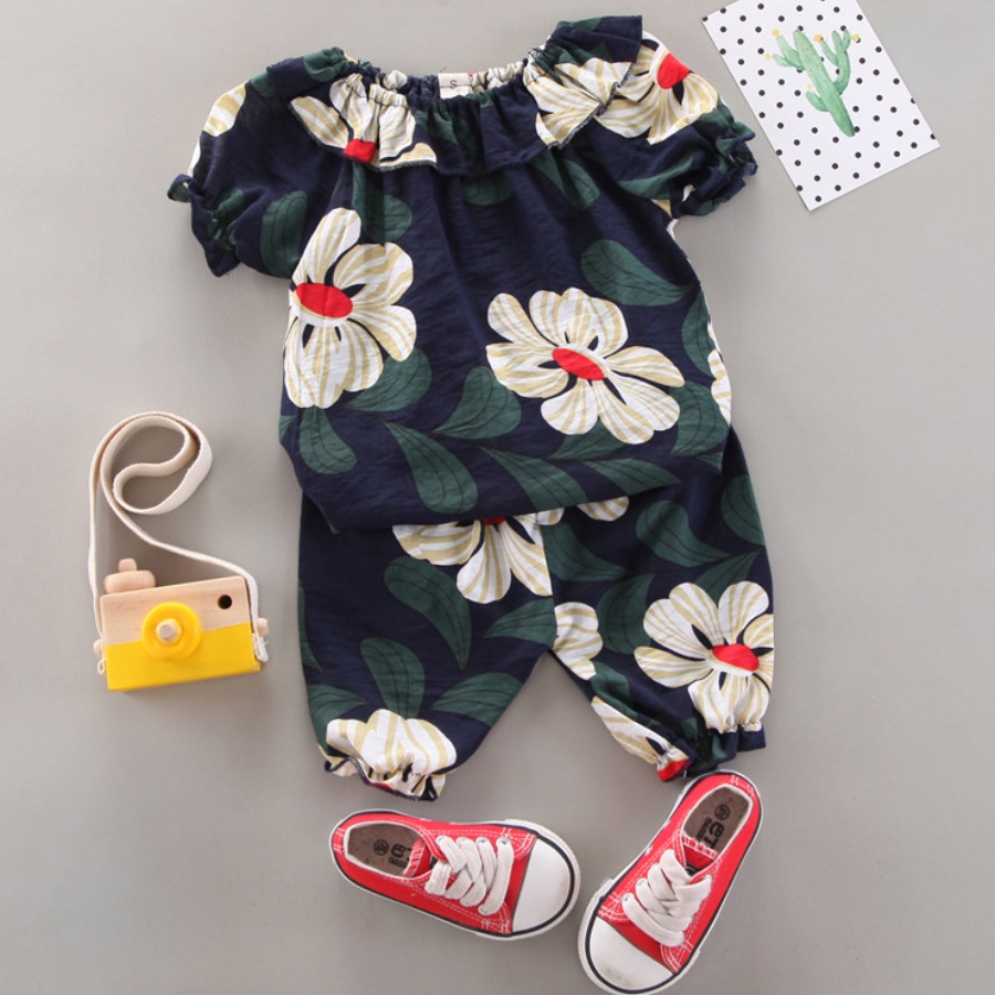 

Lovely Girl Sweet Floral Print Ruffle Design Dark Blue Two Piece Pants Set