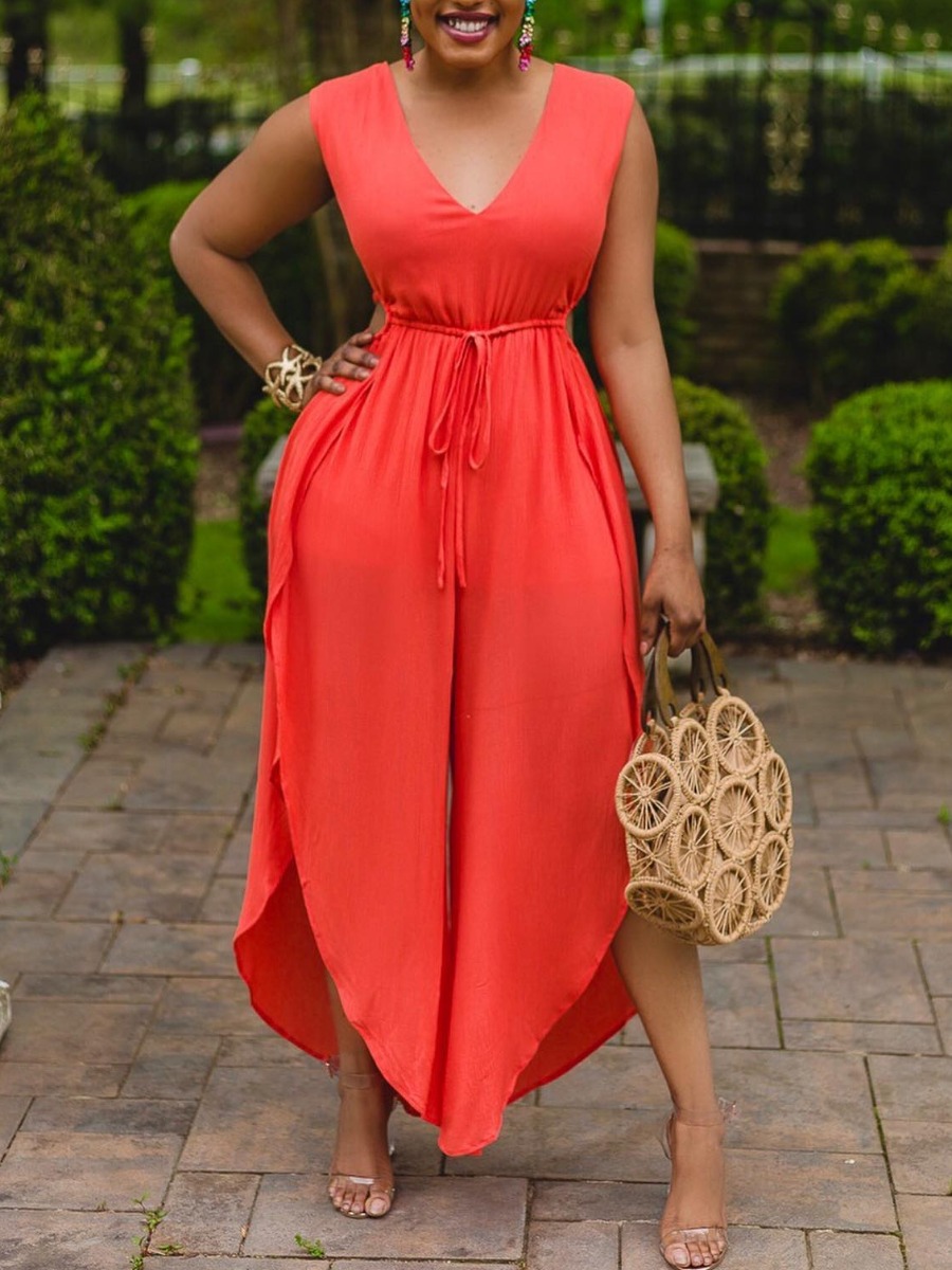 

Lovely Casual V Neck Bandage Design Asymmetrical Red One-piece Jumpsuit