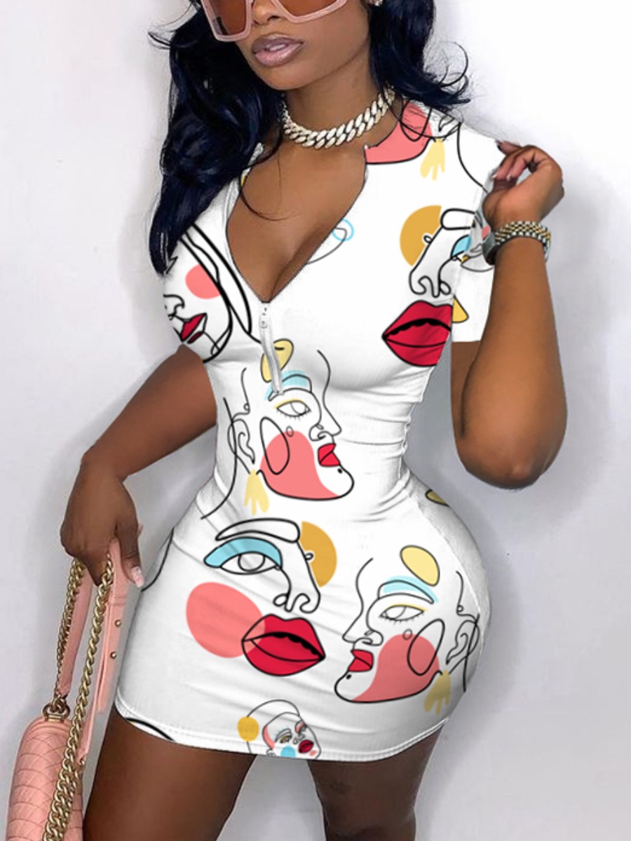 

Lovely Street V Neck Graffiti Lip Print White Mini Dress