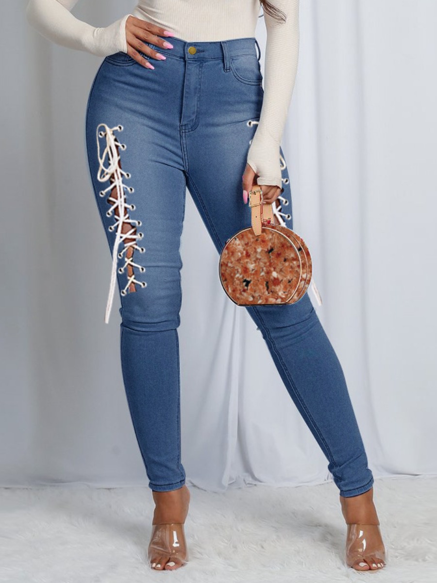 

Lovely Plus Size Casual Bandage Hollow-out Design Blue Jeans