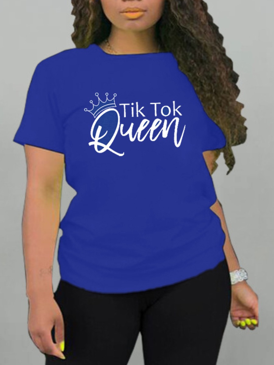 

Lovely Plus Size Casual Crown Letter Print Blue T-shirt