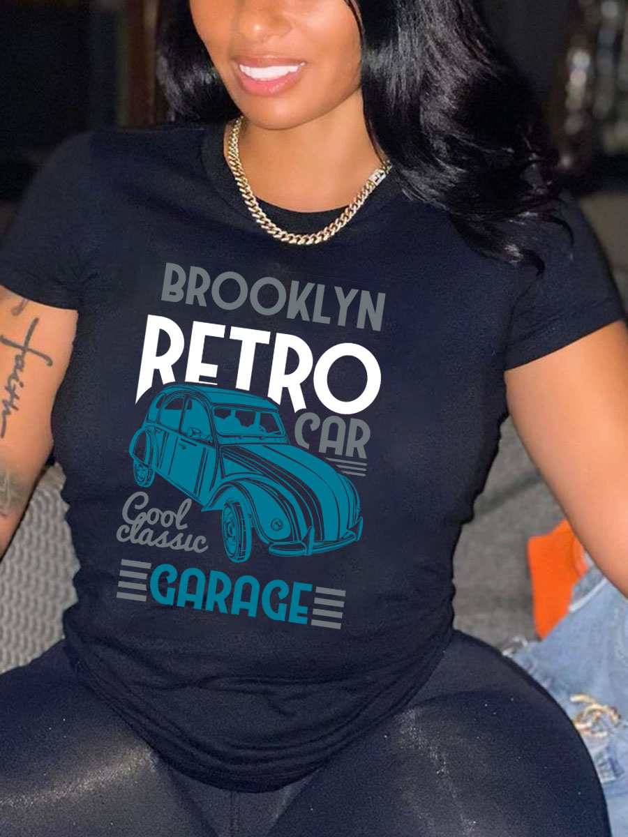 

Lovely Street Car Letter Print Black T-shirt
