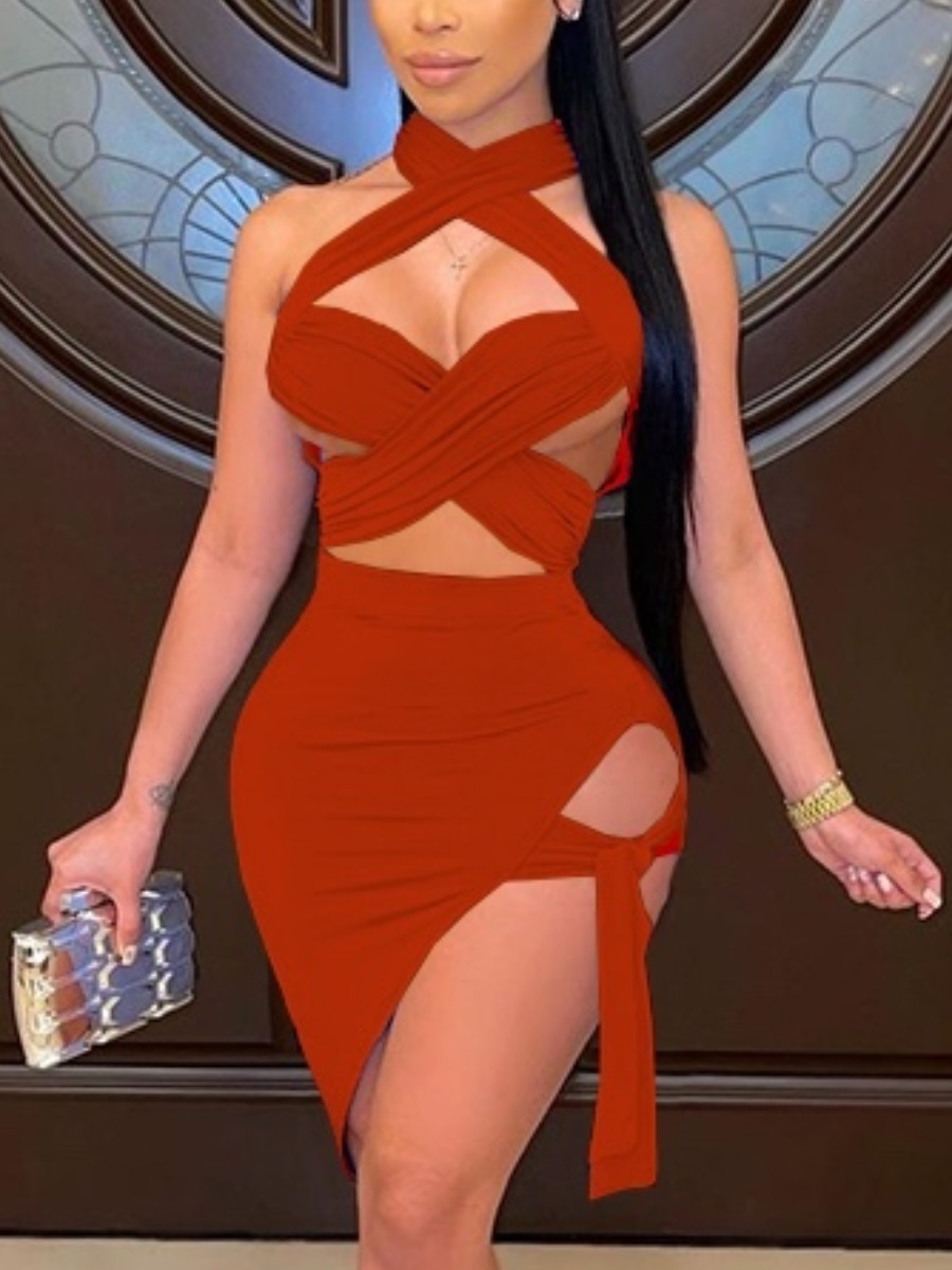 

Lovely Sexy Bandage Hollow-out Design Red Two Piece Skirt Set