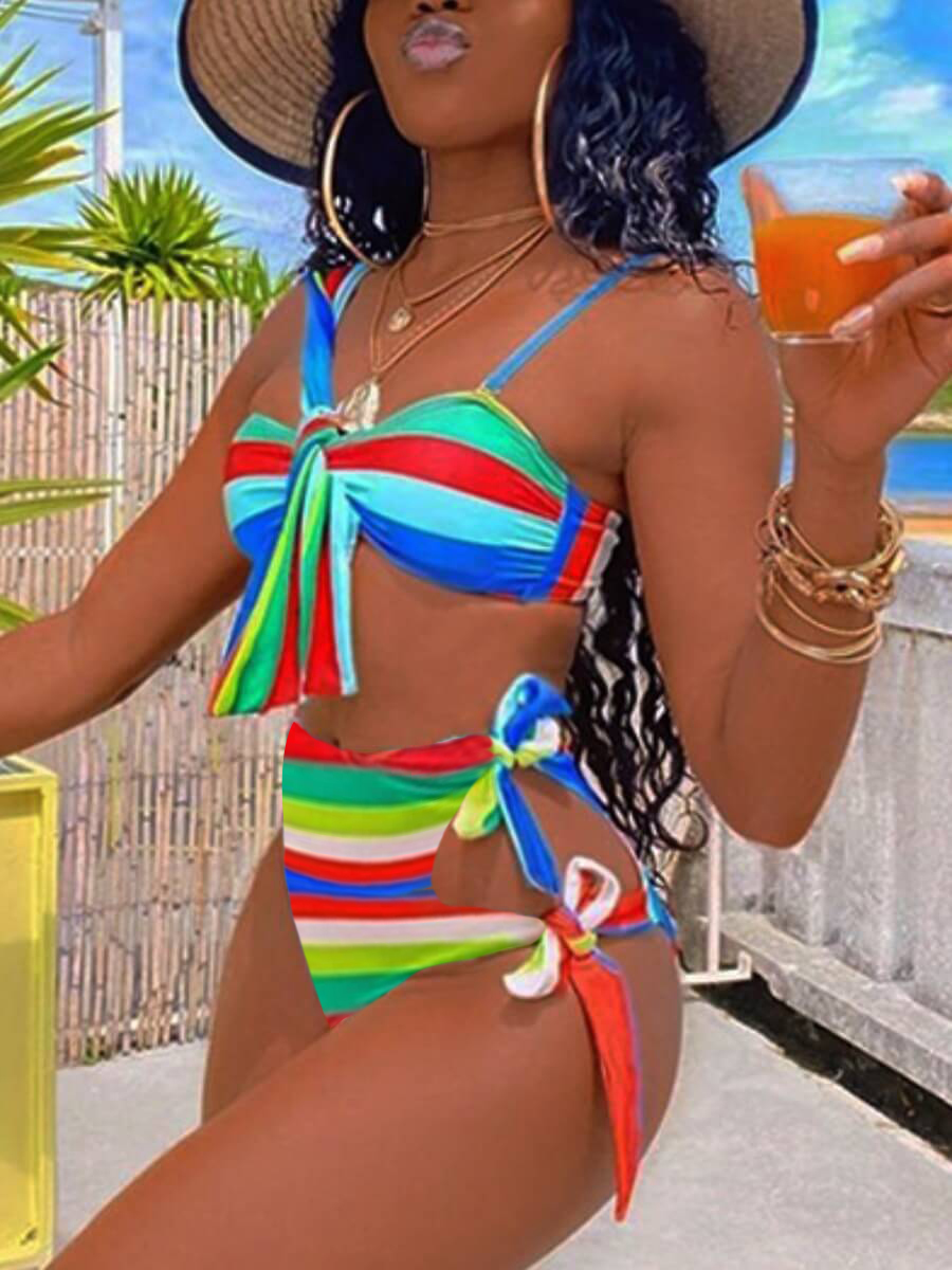 

LW Sexy Striped Knot Design Multicolor Two-piece Swimsuit, Multi