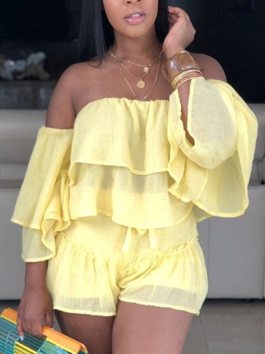 

LW Sweet Off The Shoulder Flounce Design Yellow Two Piece Shorts Set