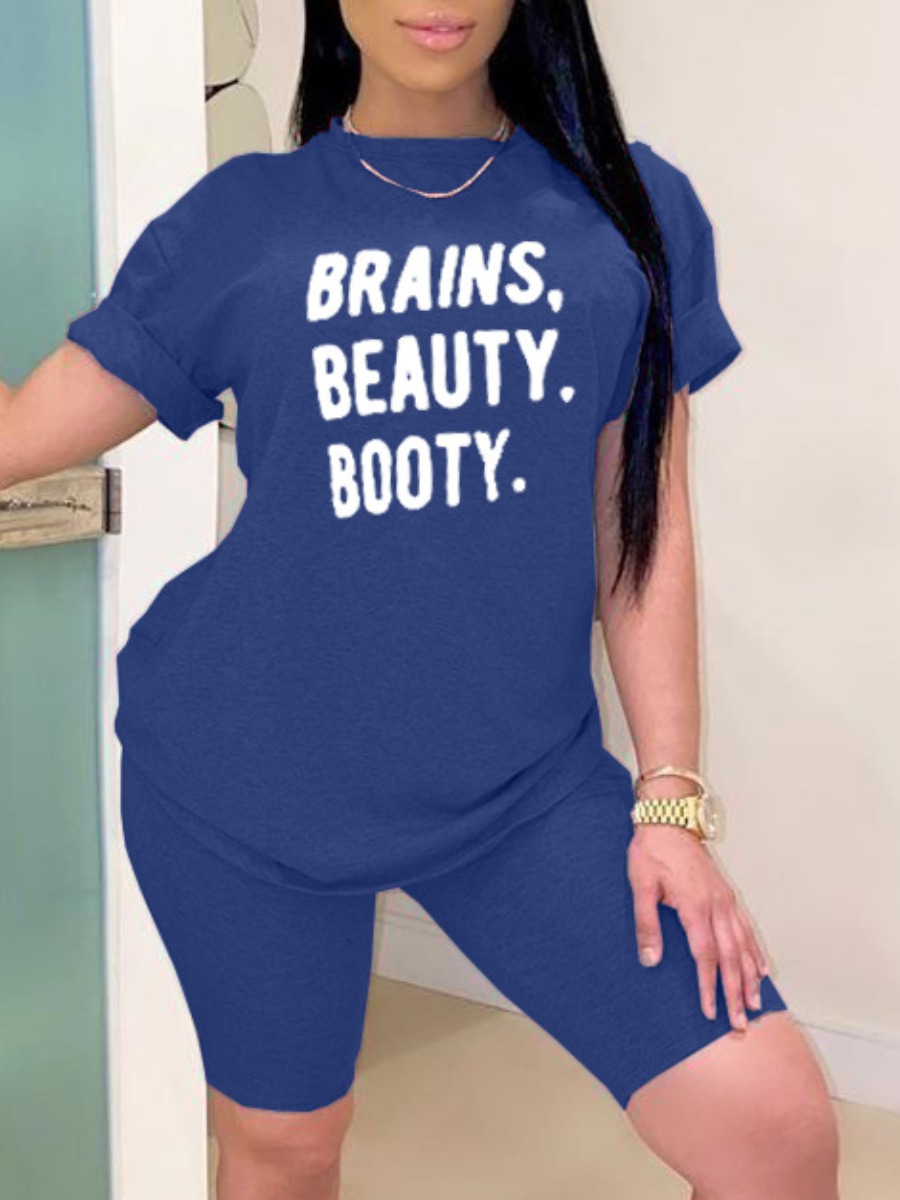

Lovely Casual O Neck Letter Print Blue Two Piece Shorts Set