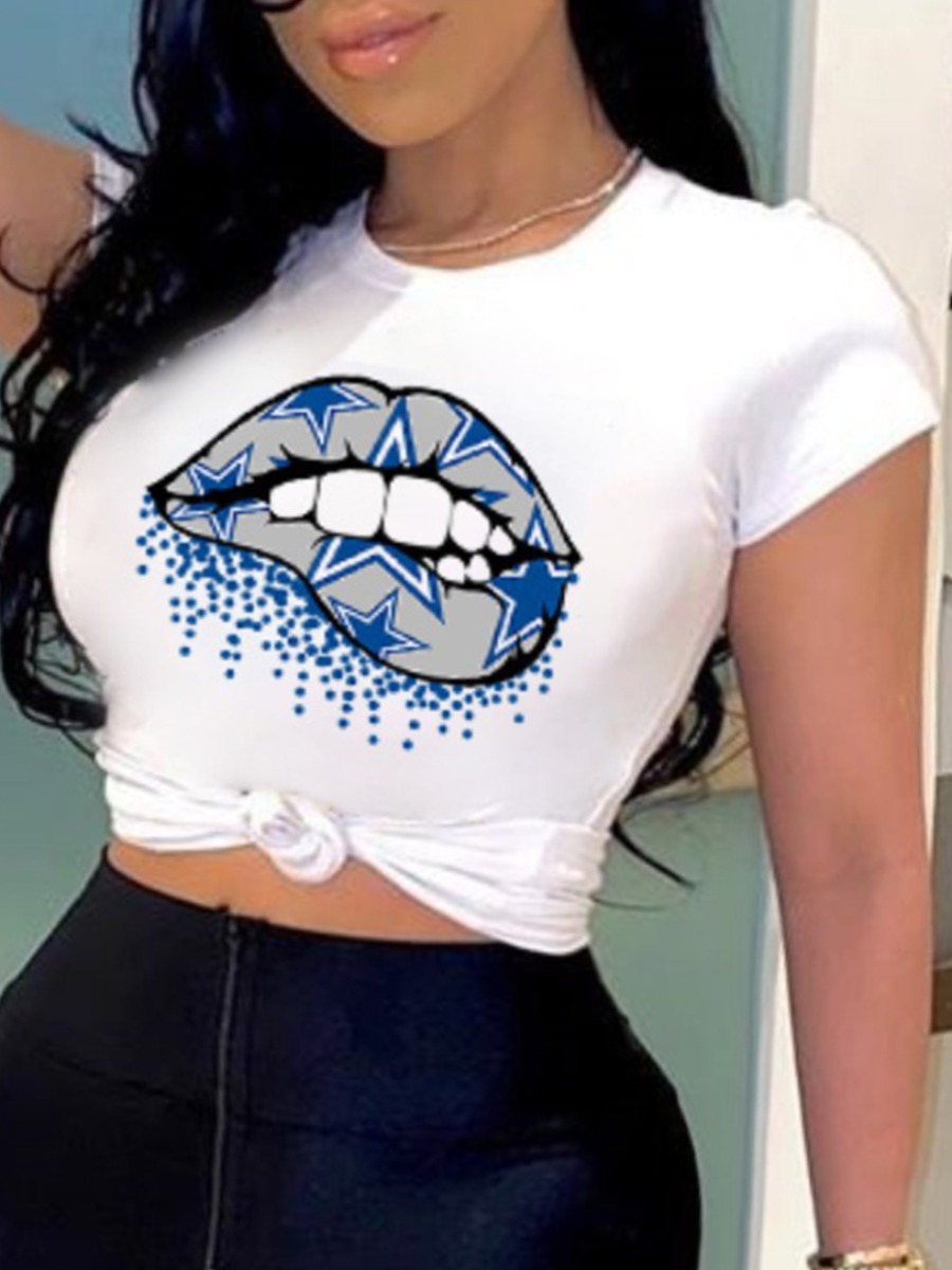

Lovely Street O Neck Lip Print White T-shirt