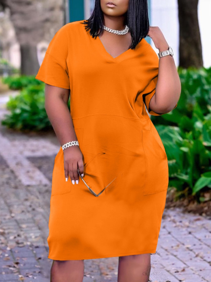

Lovely Plus Size Casual V Neck Pocket Design Croci Knee Length Dress