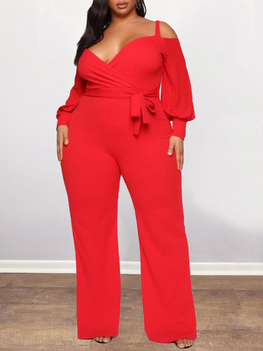 

Lovely Plus Size Casual Flared Bandage Design Red One-piece Jumpsuit