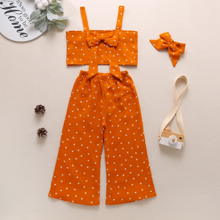 

Lovely Girl Sweet Dot Print Bow-tie Orange Two Piece Pants Set(With Headband)