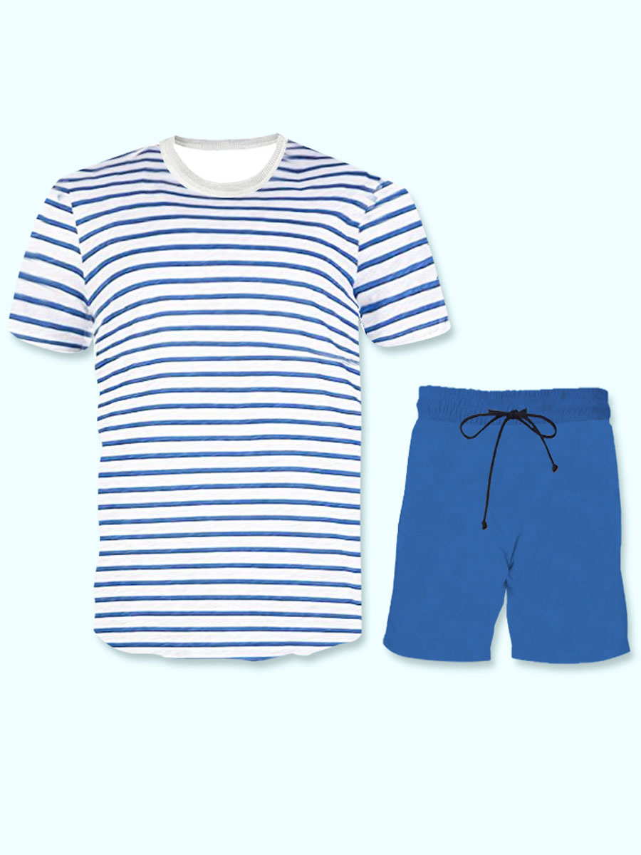 

Lovely Men Casual Striped Drawstring Blue Two Piece Shorts Set