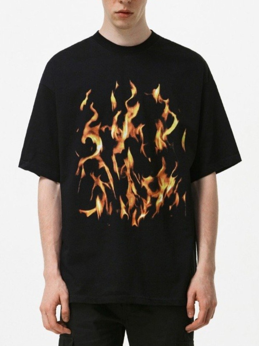 

Lovely Men Casual O Neck Flame Print Black T-shirt